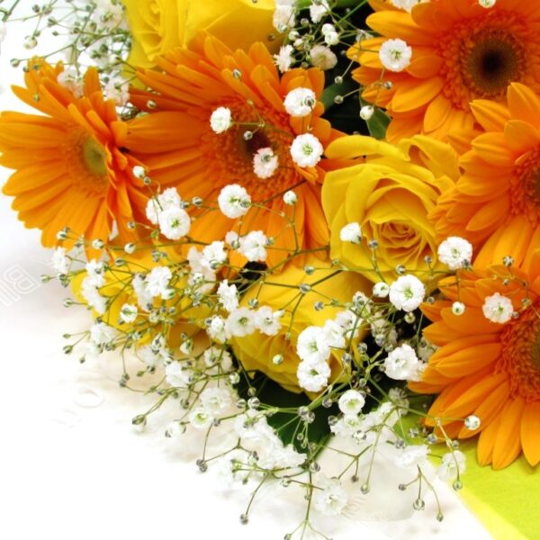 黄色オレンジ系の薔薇とガーベラの花束