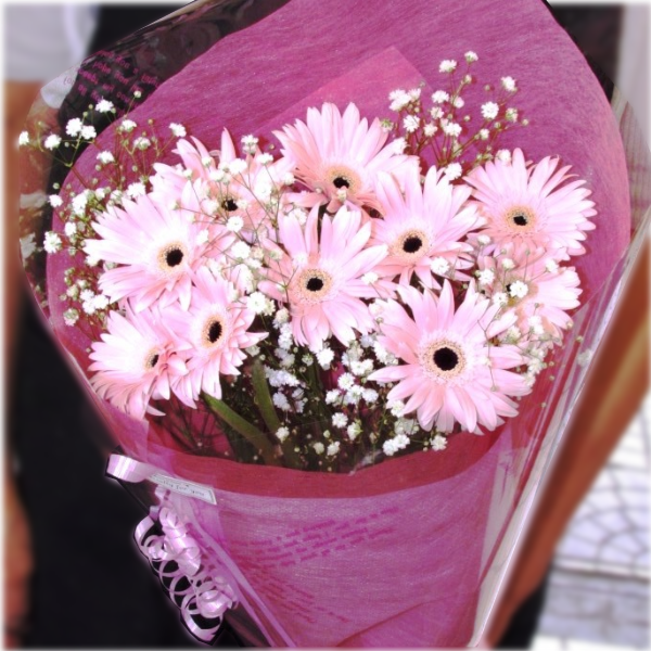 ピンクのガーベラとかすみ草の花束 Momo